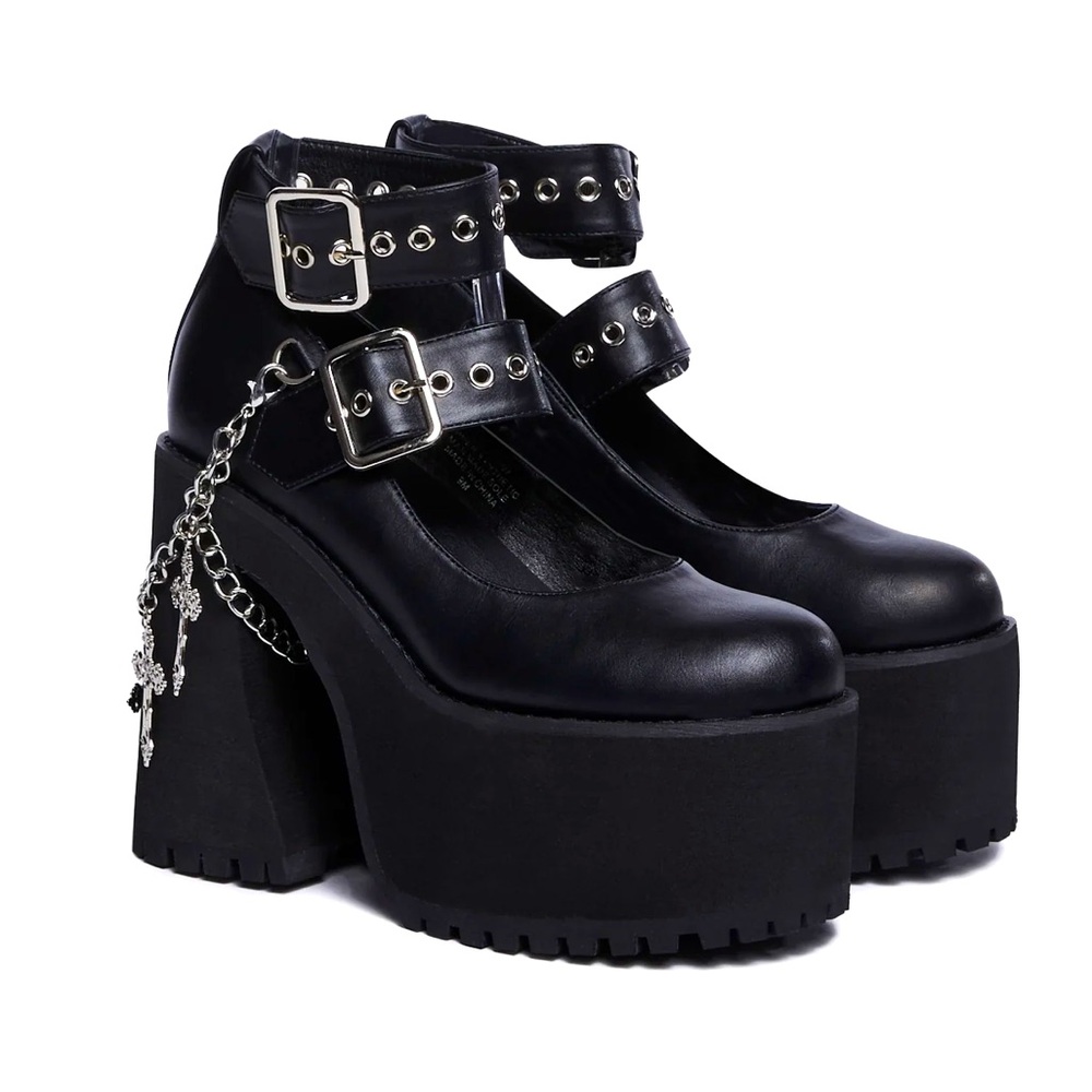 New Black Chain Platform Mary Jane Heels - 9